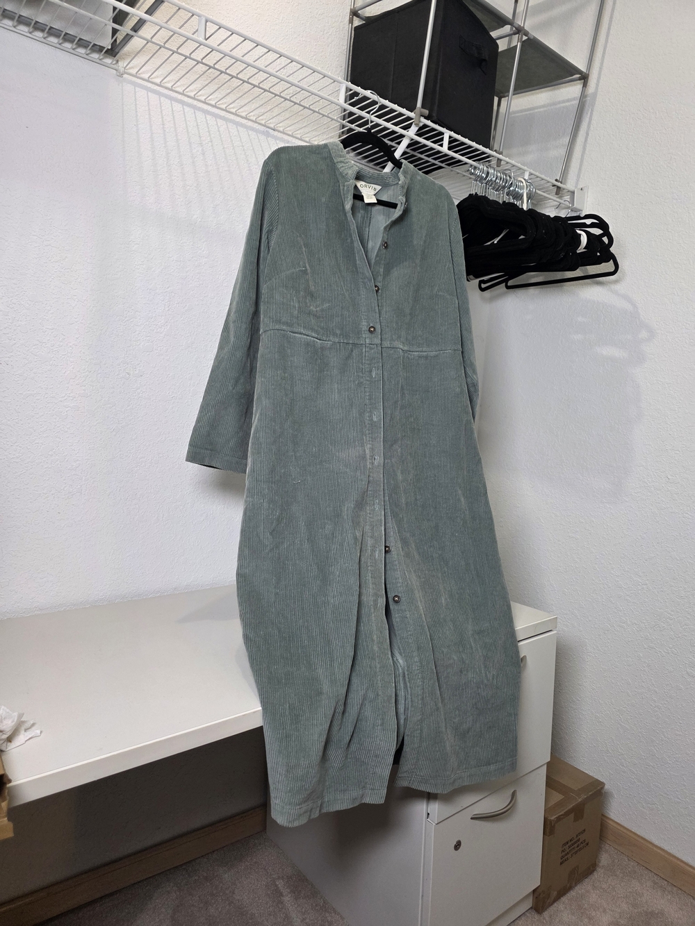 Long Button-Front Corduroy Dress in Sage Green